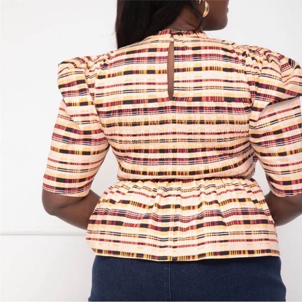 Eloquii Elements Plaid Short Puff Sleeves Peplum Smocked Cream Black Blouse 22 - Picture 2 of 16